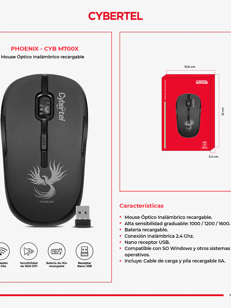 Mouse Inalámbrico Recargable Cybertel Phoenix CYB M700X 1600 DPI 3