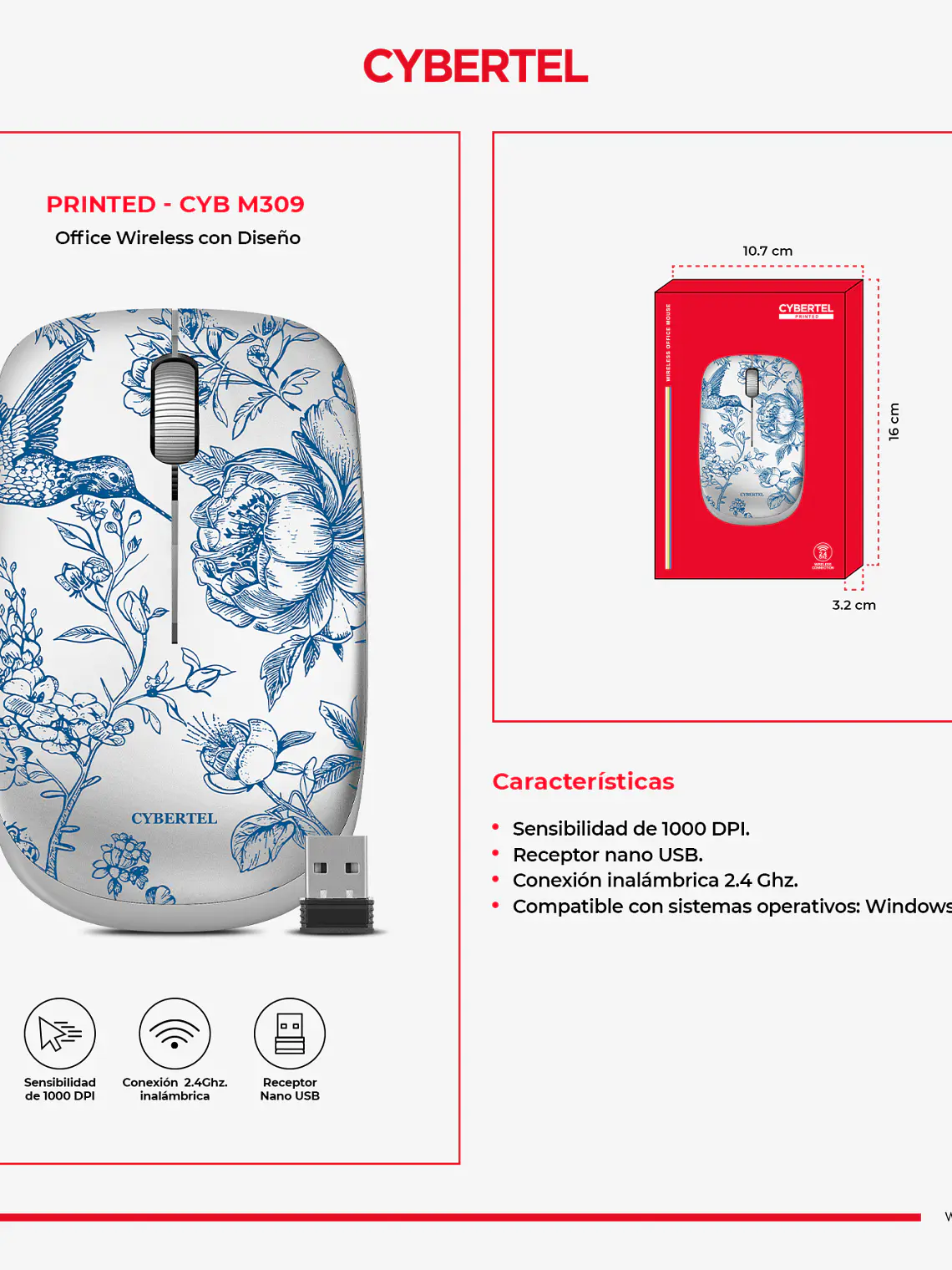 Mouse Inalámbrico Cybertel Printed CYB M309 1000 DPI USB 2.4 GHz 3