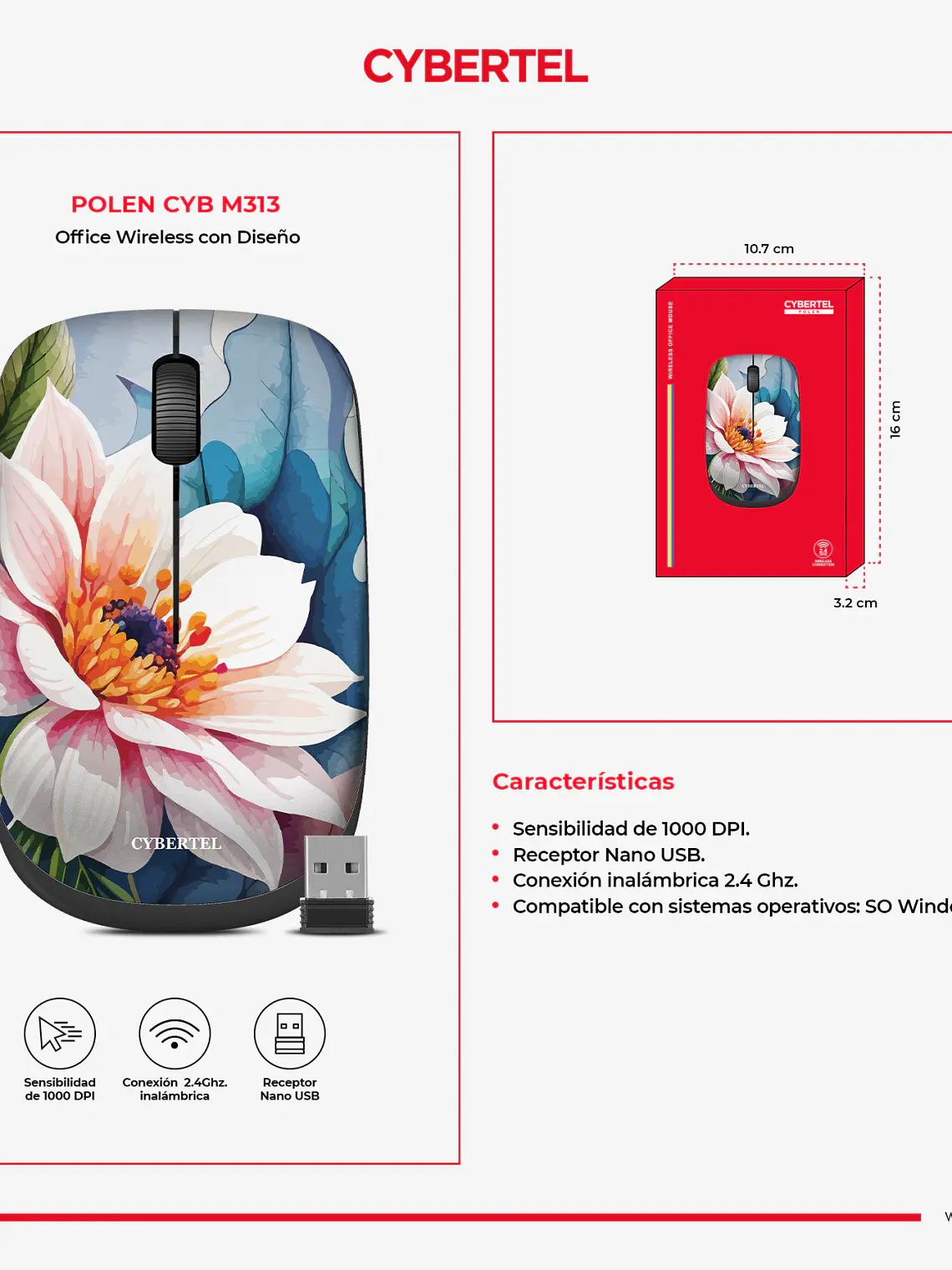 Mouse Inalámbrico Cybertel Polen CYB M313 1000 DPI USB 2.4 GHz 3
