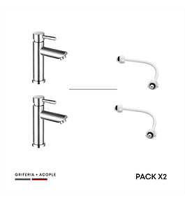 Pack x 2 Grifería Lavamanos Baja Pico Recto Agua Fría Acero Inox 304 Satinado + Acople