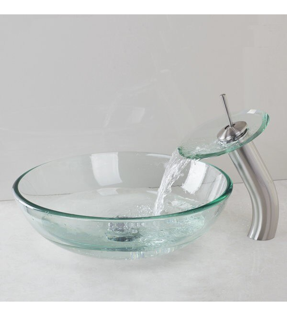 Lavamanos Vidrio Redondo 35cm + Mezclador Cascada Vidrio Transparente + Push Y Sifon Cromado Integrado