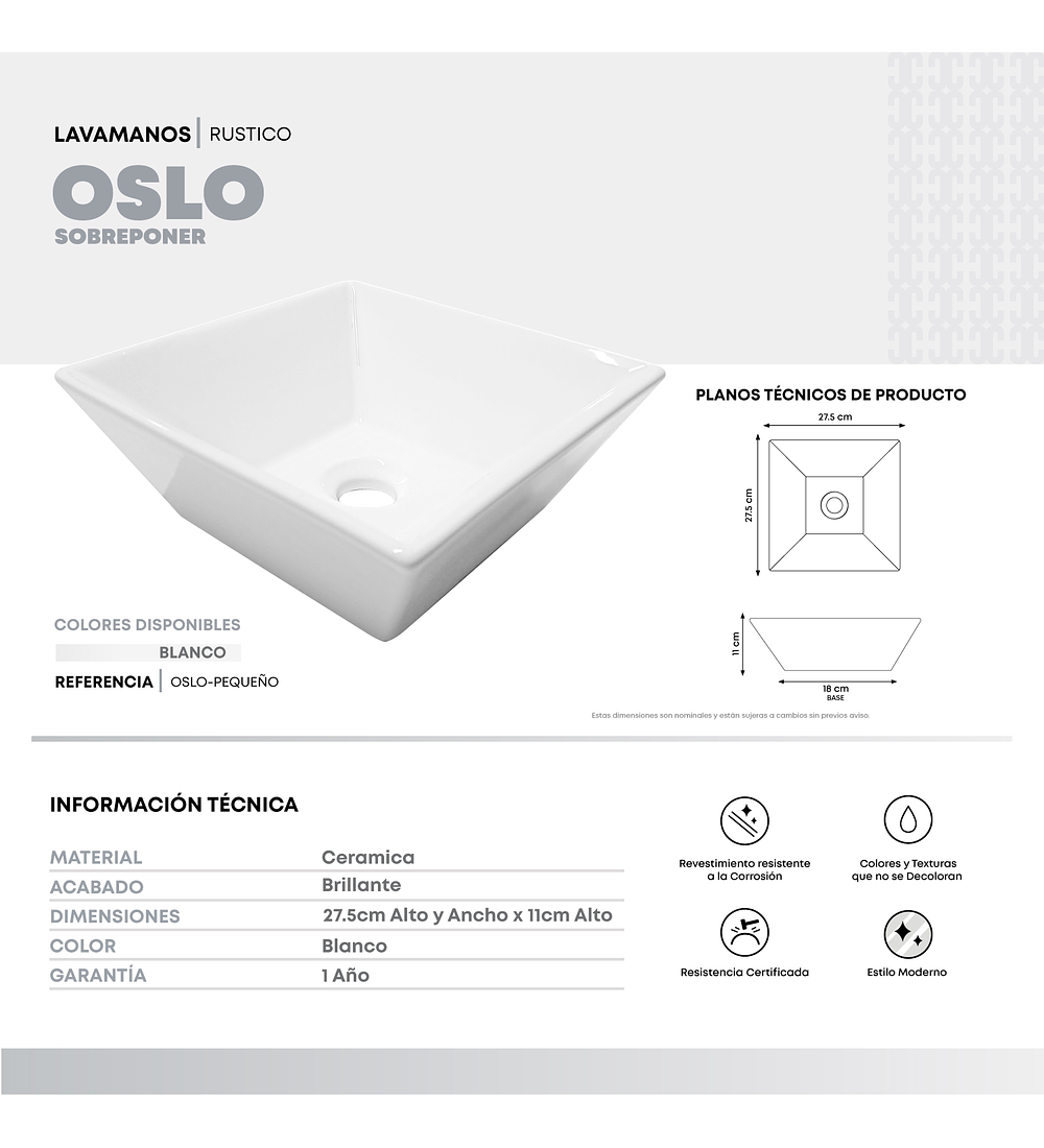 Lavamanos Cerámica Sobreponer Cuadrado Blanco Oslo Pequeño