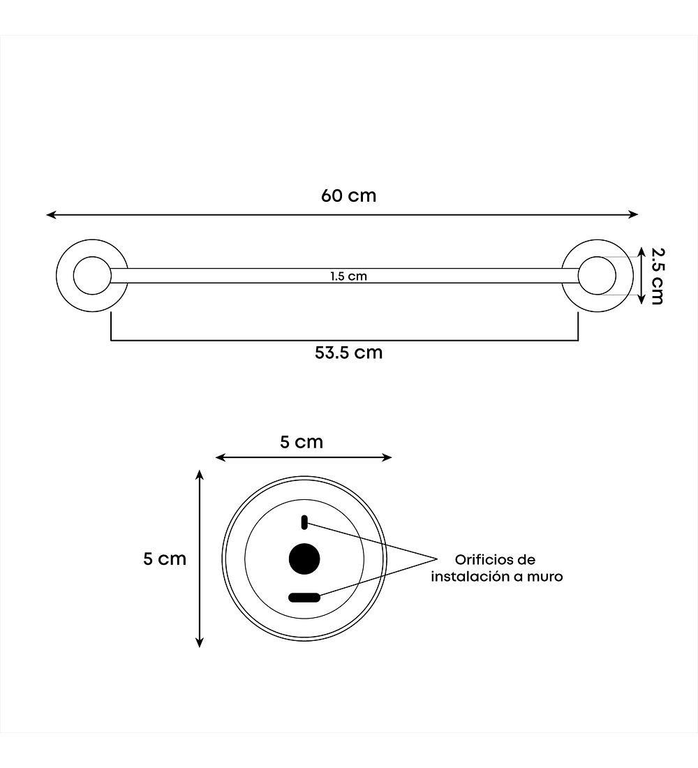 Toallero Barra 61cm Base Redonda Acero Inox Pulido HC