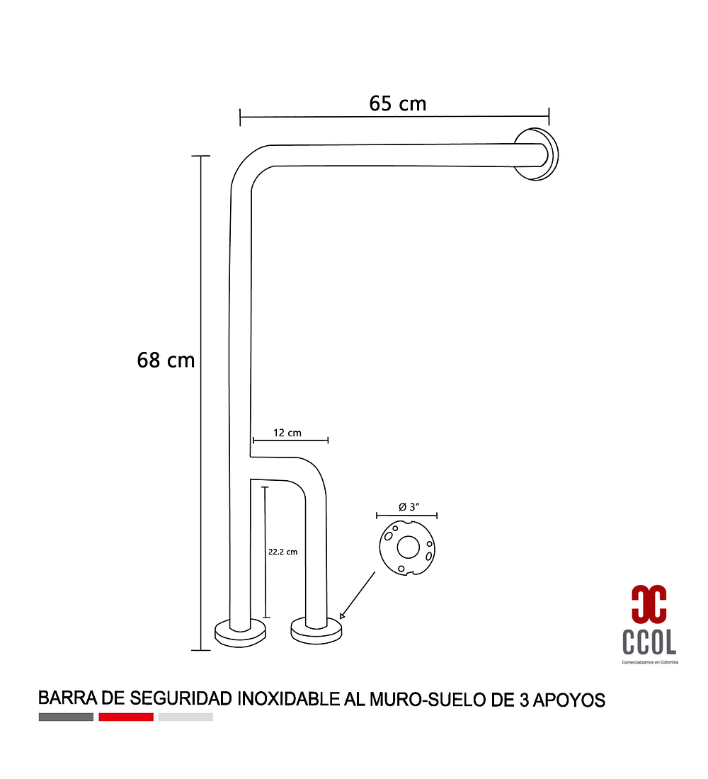 Barra De Seguridad Acero 304 Muro-piso 3 Apoyos