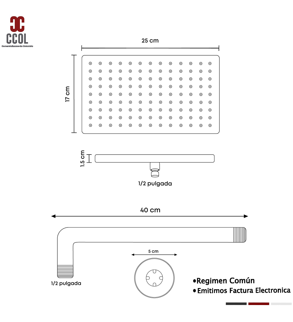 Ducha Cuadrada Negra Abs + Brazo Negro Metal 40cm