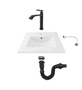 Combo Placa Lavamanos Blanco + Grifería Agua Fría Negra C587