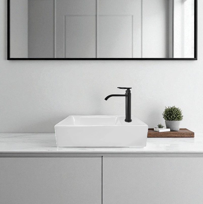 Combo Lavamanos Rectangular + Griferia Agua Fría Negro C677