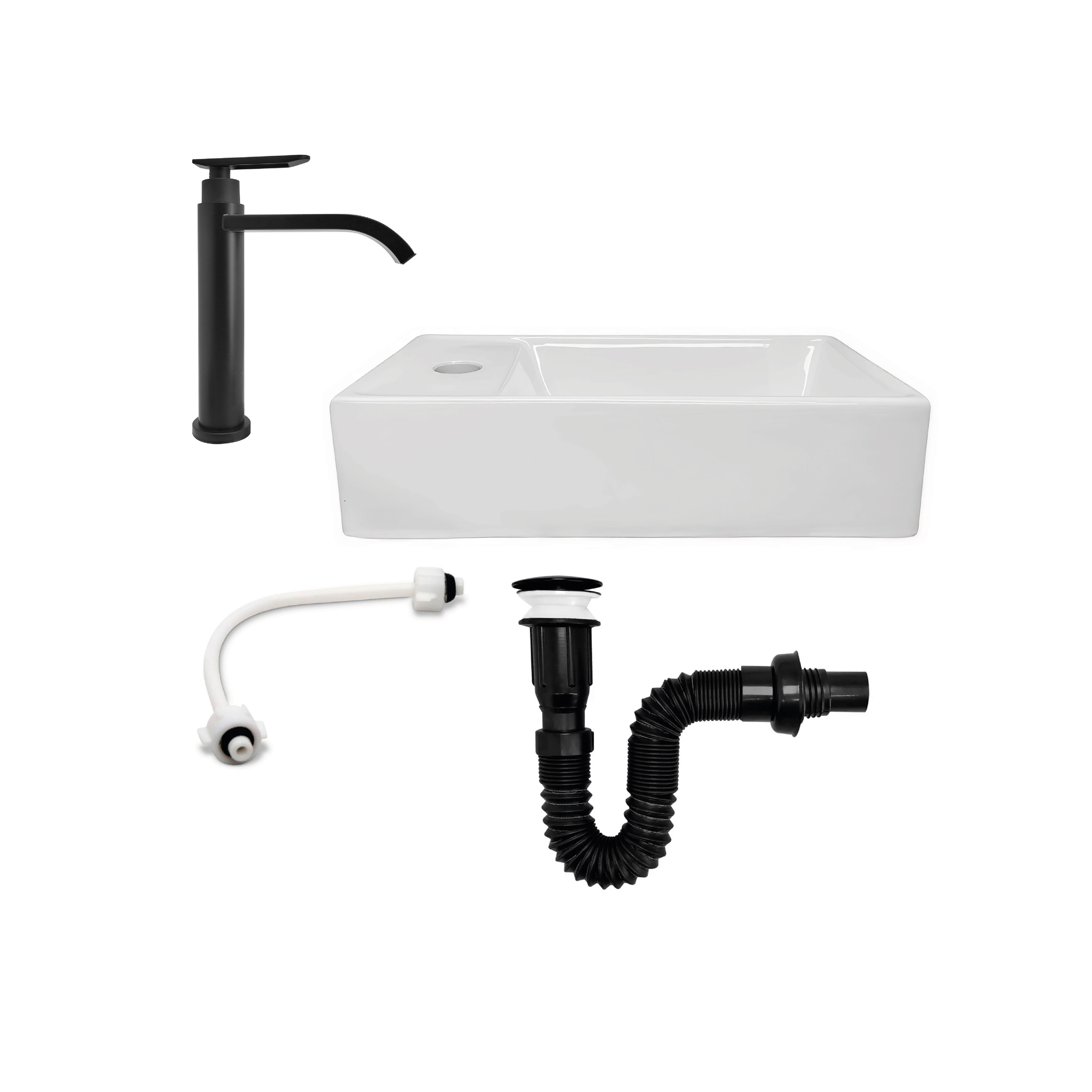 Combo Lavamanos Rectangular + Griferia Agua Fría Negro C677