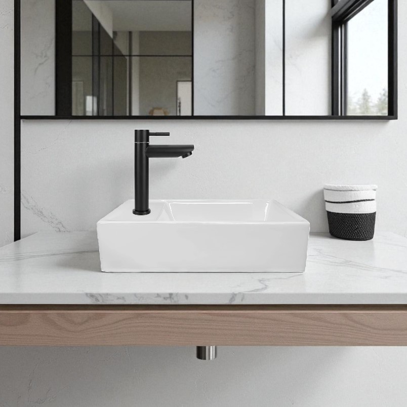 Combo Lavamanos Rectangular + Grifería Agua Fría Negro C680