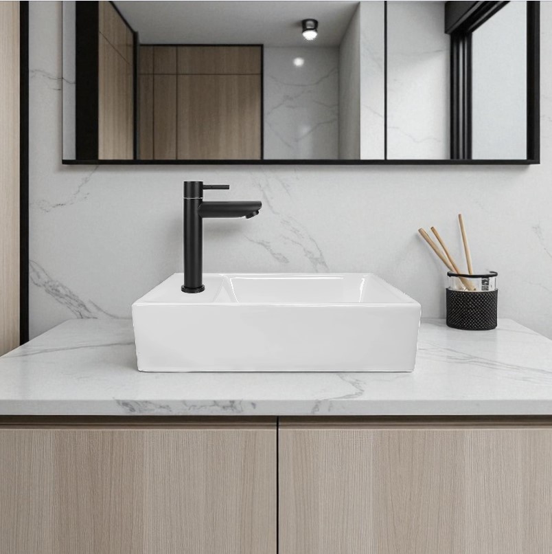 Combo Lavamanos Rectangular + Griferia Agua Fría Negro C681