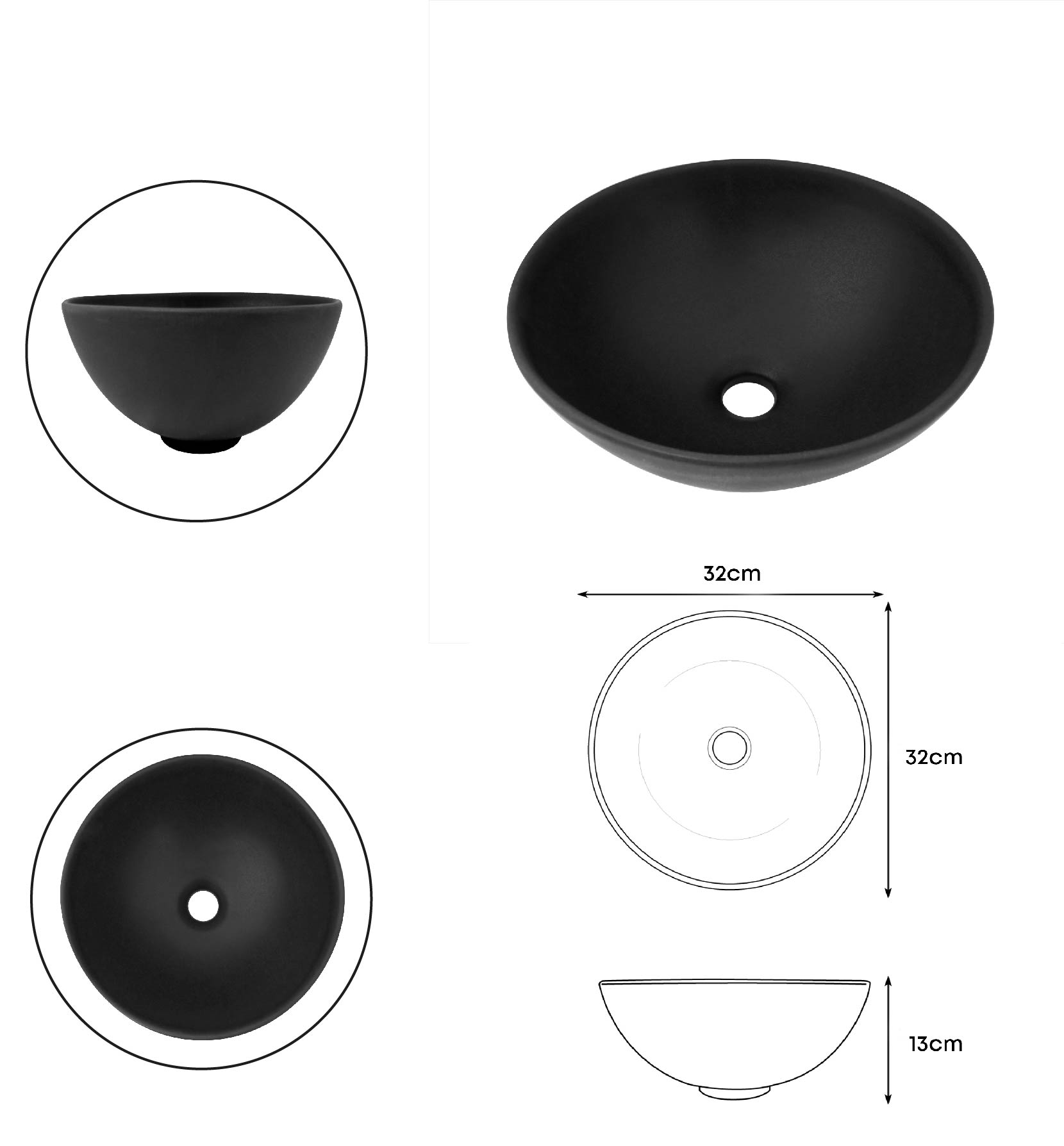 Combo Lavamanos Negro + Griferia Agua Fria + Accesorios C736