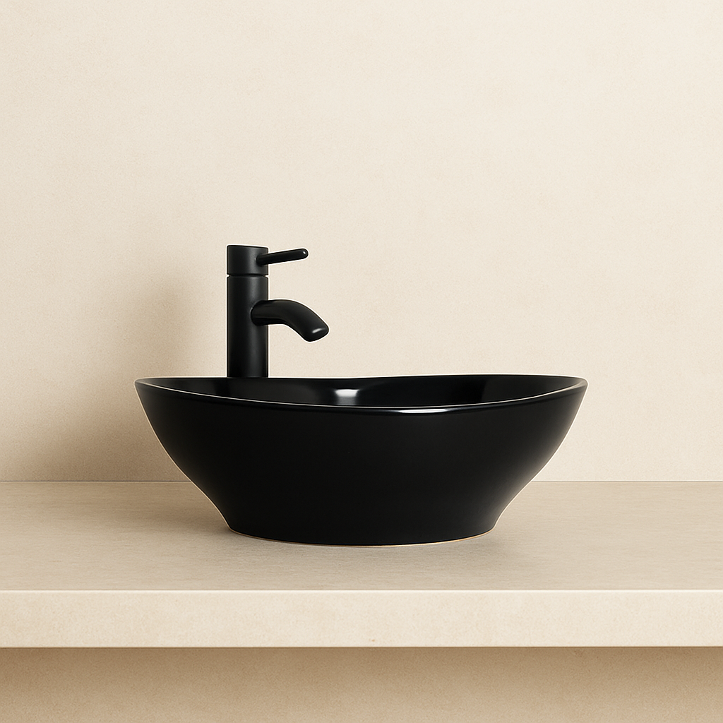 Lavamanos Cerámica Sobreponer Ovalado Negro Velenty + Push Negro + Grifería Mezclador Negra