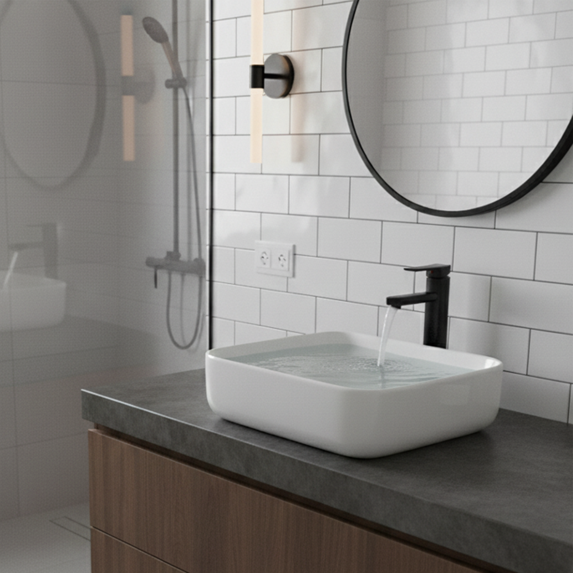 Combo Lavamanos Cuadrado + Grifería Negra Mezclador C1091