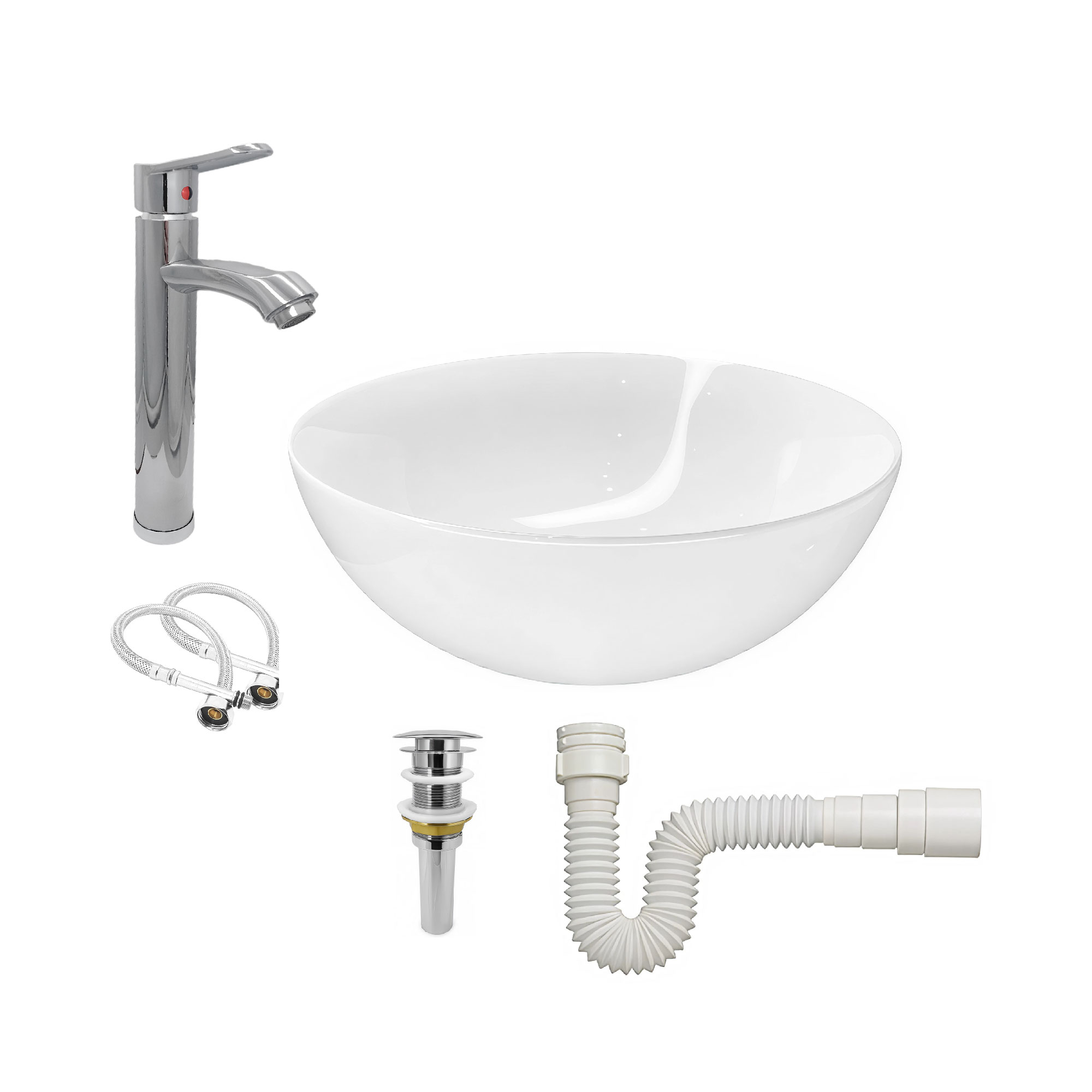Combo Lavamanos Redondo + Griferia Pico Plano + Push + Sifón