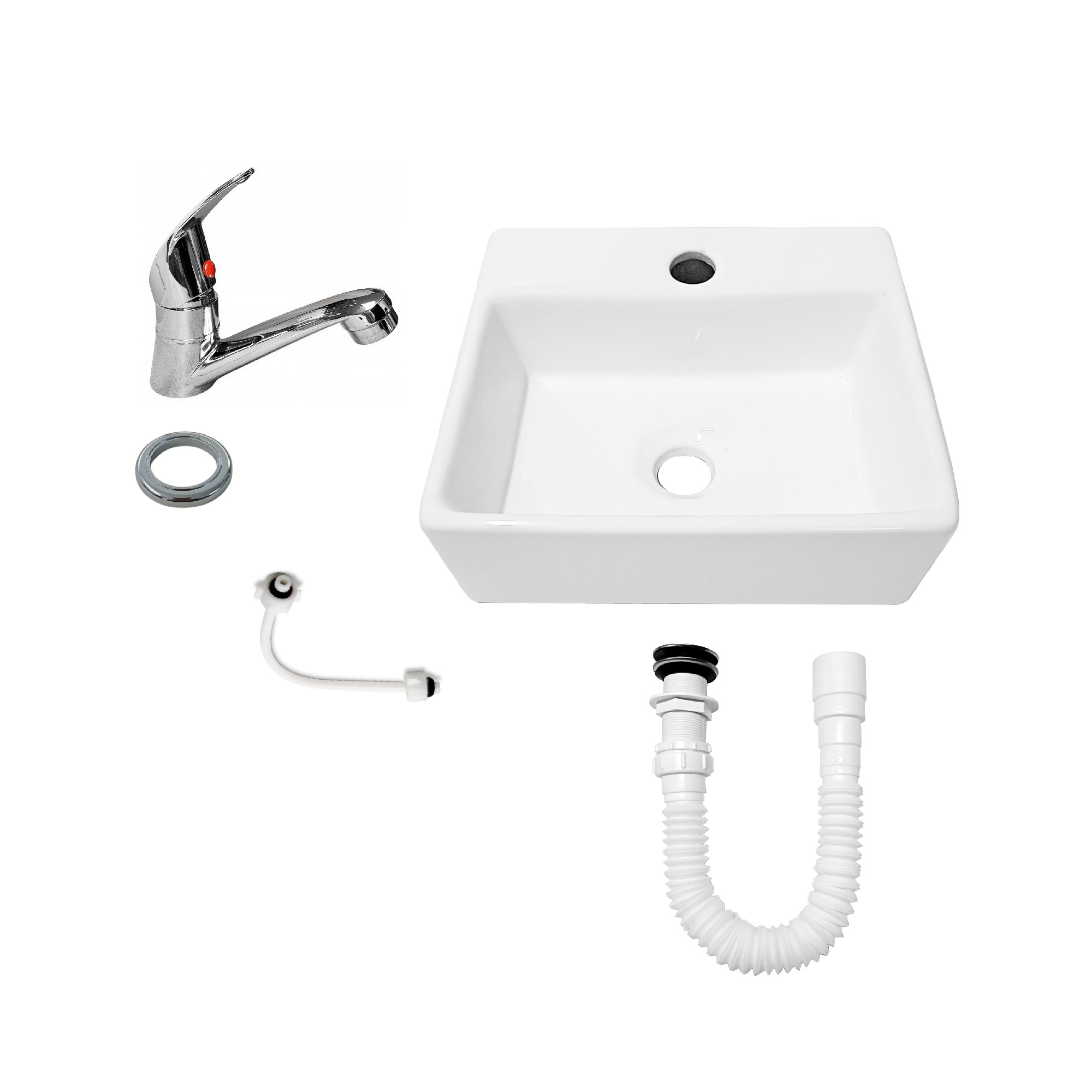 Combo Lavamanos Blanco + Grifería Agua Fría + Push + Sifón