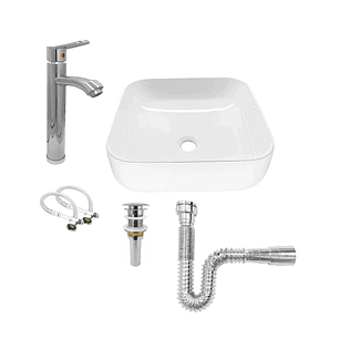 Combos Lavamanos Cuadrado + Griferia Mezclador Cromado C1108 Blanco Brillante