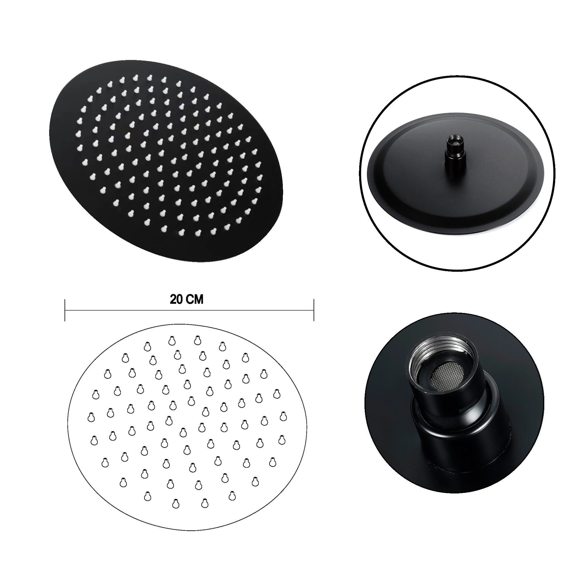 Combo Ducha De 20cm + Brazo Cilindrico + Mezclador Negro