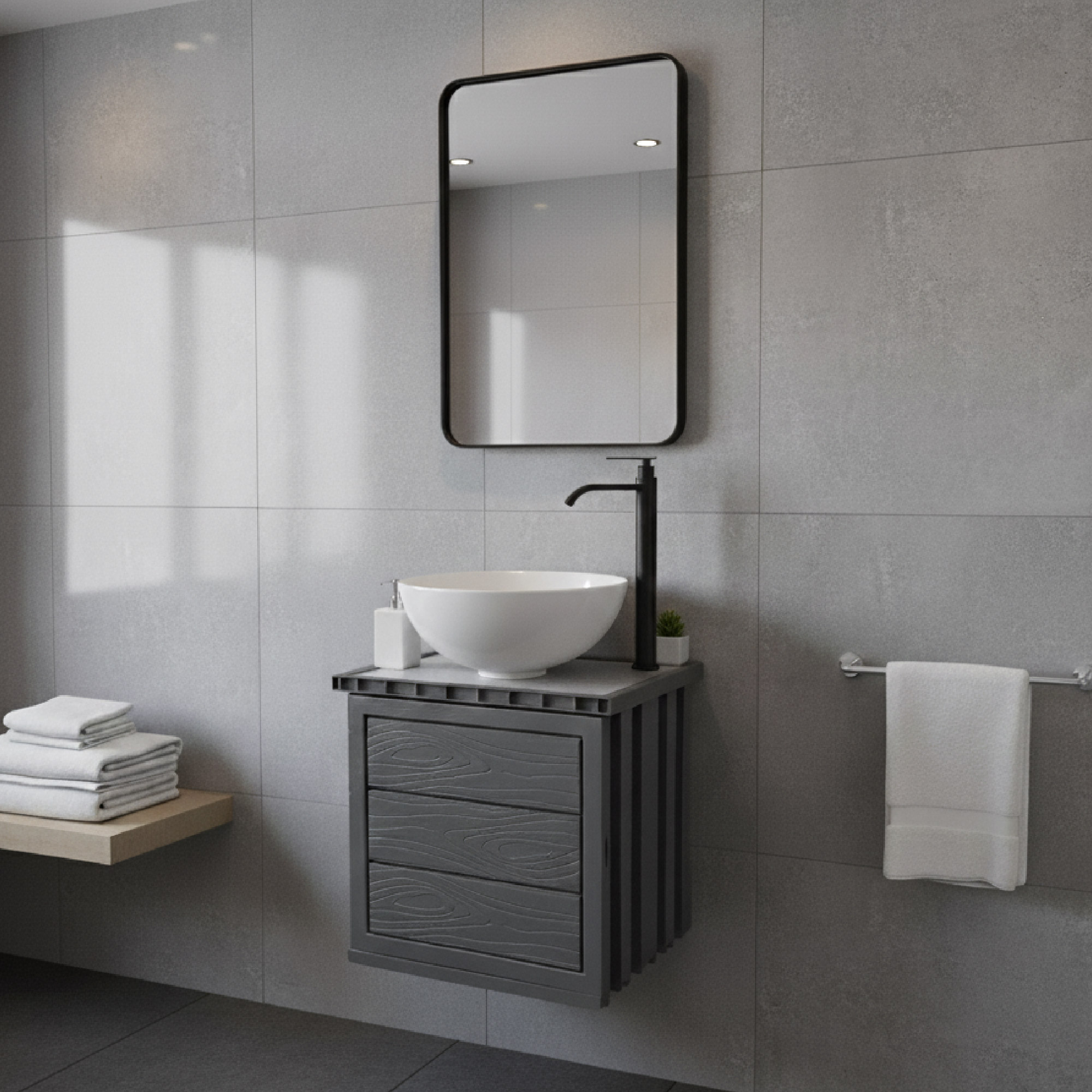 Kit Mueble Pvc + Lavamanos + Griferia  Ccol1120 - Gris - Un Agujero