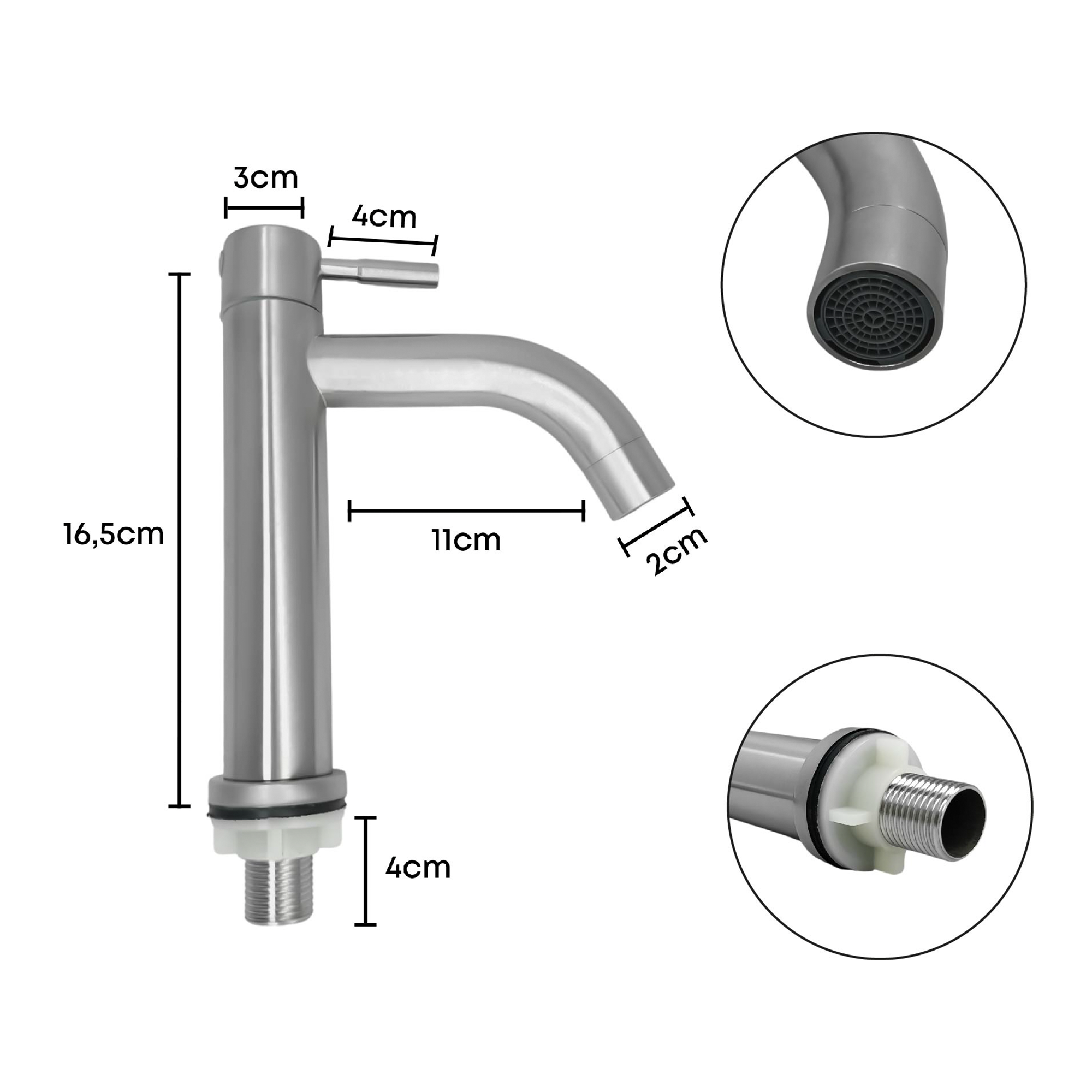 Grifería Lavamanos Baja Acero Inox 304 Pico Curvo