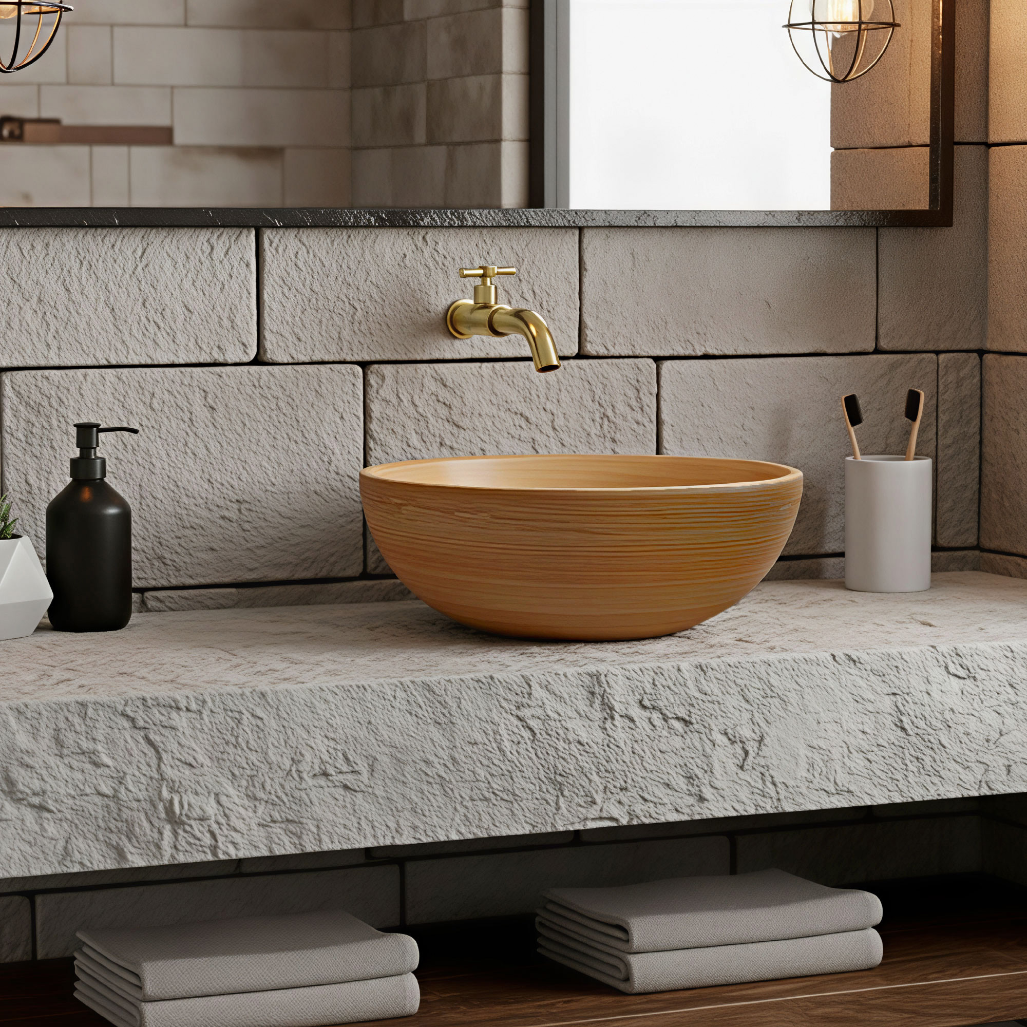 Combo Lavamanos +griferia+push + Sifon Vintage-1051 Marrón Claro Rustico