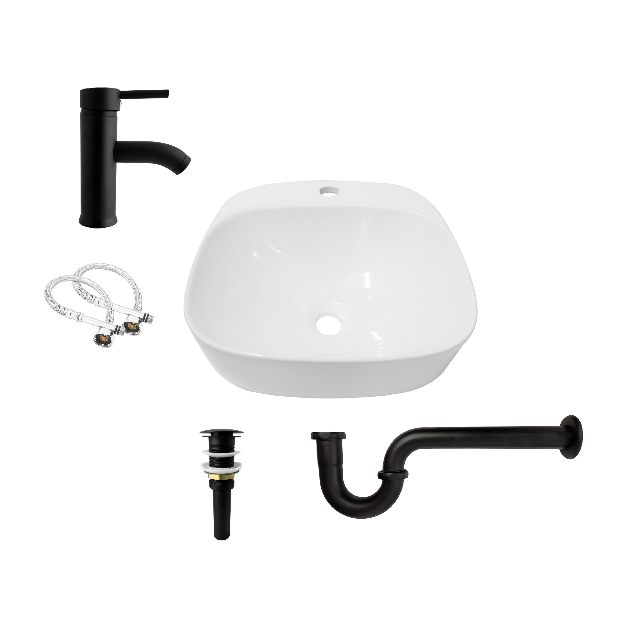 Combo Lavamanos Sobreponer + Griferia Mezclador Negro C1171 Blanco Brillante