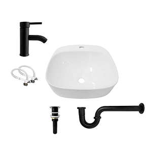 Combo Lavamanos Sobreponer + Griferia Mezclador Negro C1171 Blanco Brillante