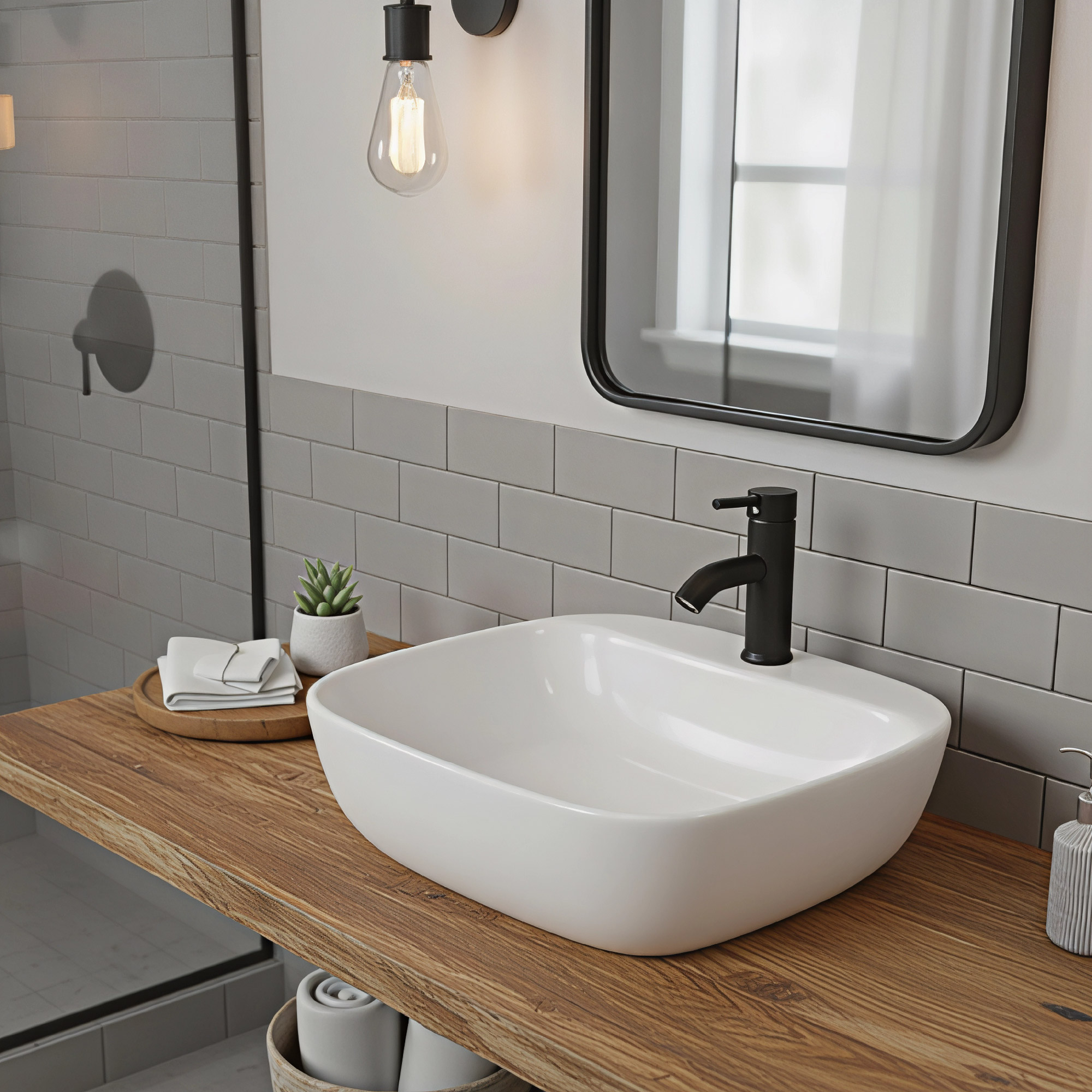 Combo Lavamanos Sobreponer + Griferia Mezclador Negro C1171 Blanco Brillante