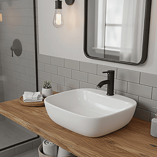 Combo Lavamanos Sobreponer + Griferia Mezclador Negro C1171 Blanco Brillante