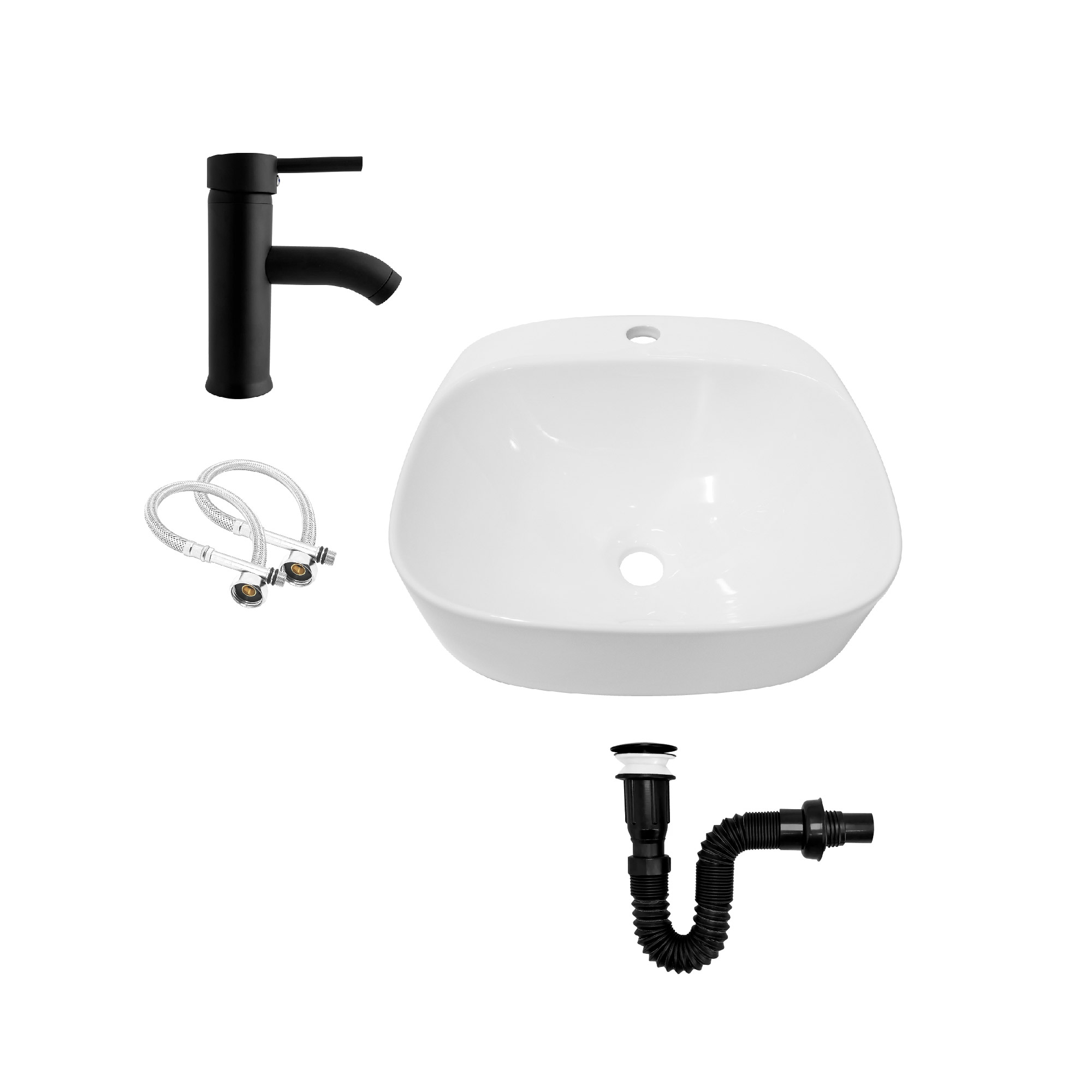 Combo Lavamanos Sobreponer + Griferia Mezclador Negro C1172 Blanco Brillante