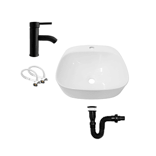 Combo Lavamanos Sobreponer + Griferia Mezclador Negro C1172 Blanco Brillante