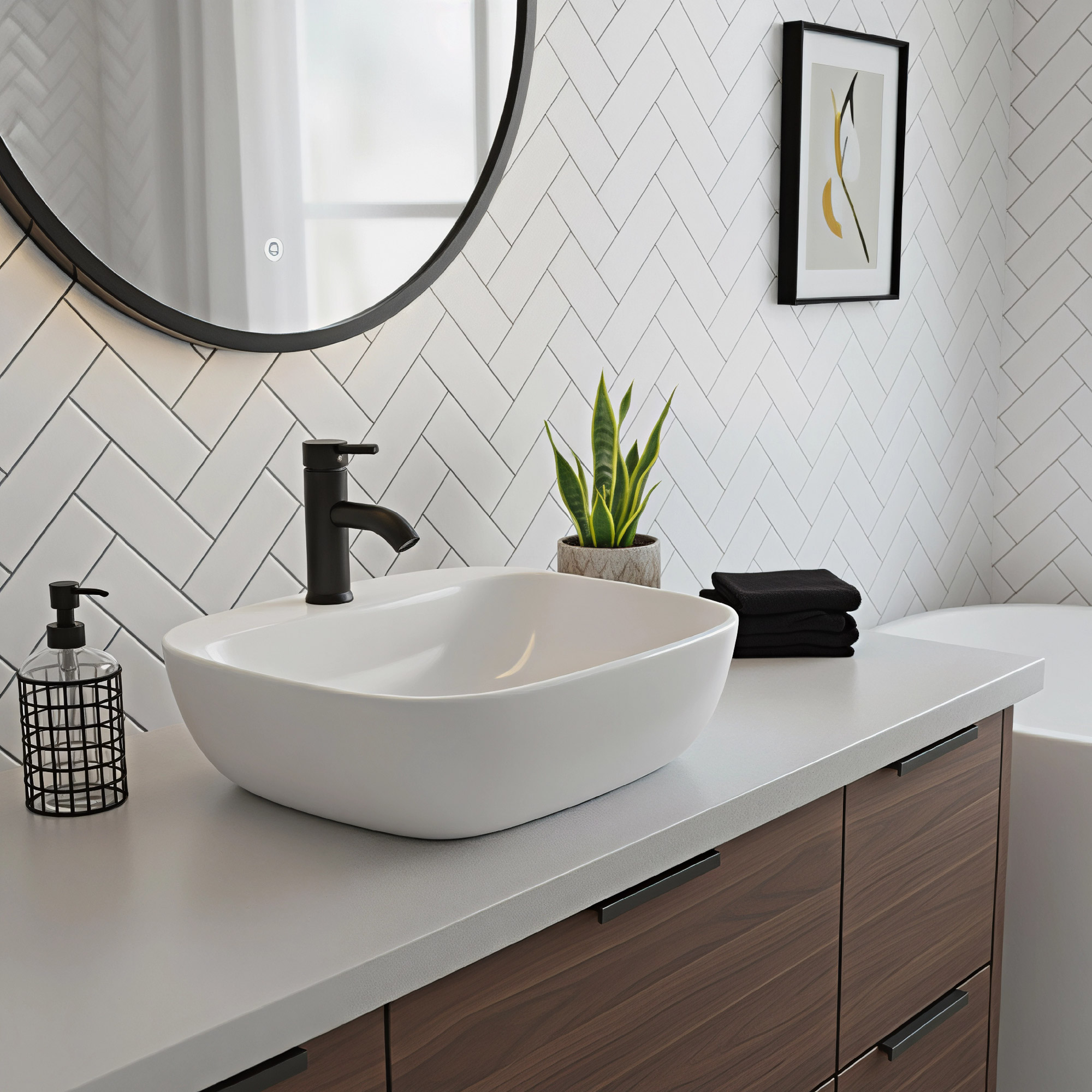 Combo Lavamanos Sobreponer + Griferia Mezclador Negro C1172 Blanco Brillante