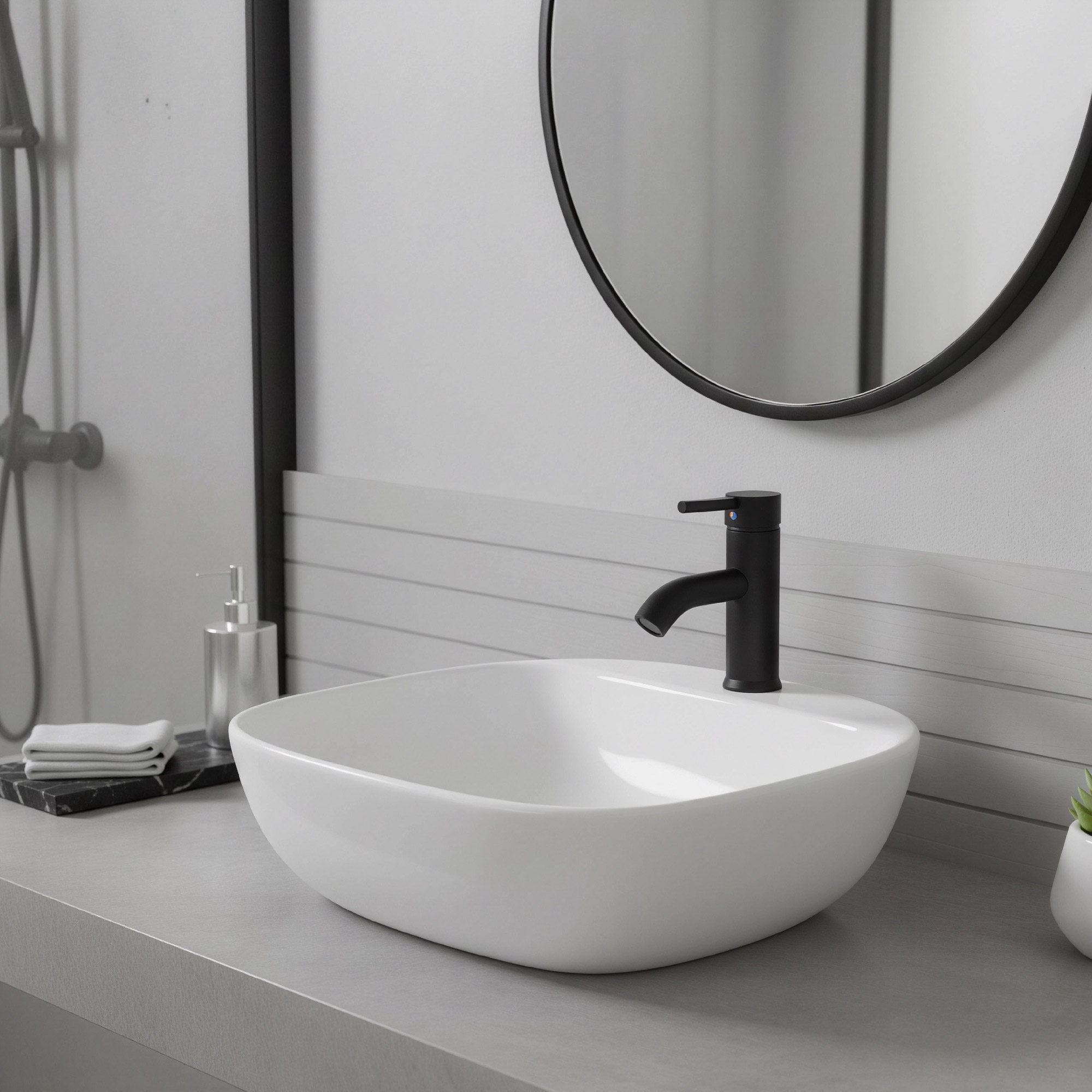 Combo Lavamanos Sobreponer + Griferia Mezclador Negro C1173 Blanco Brillante