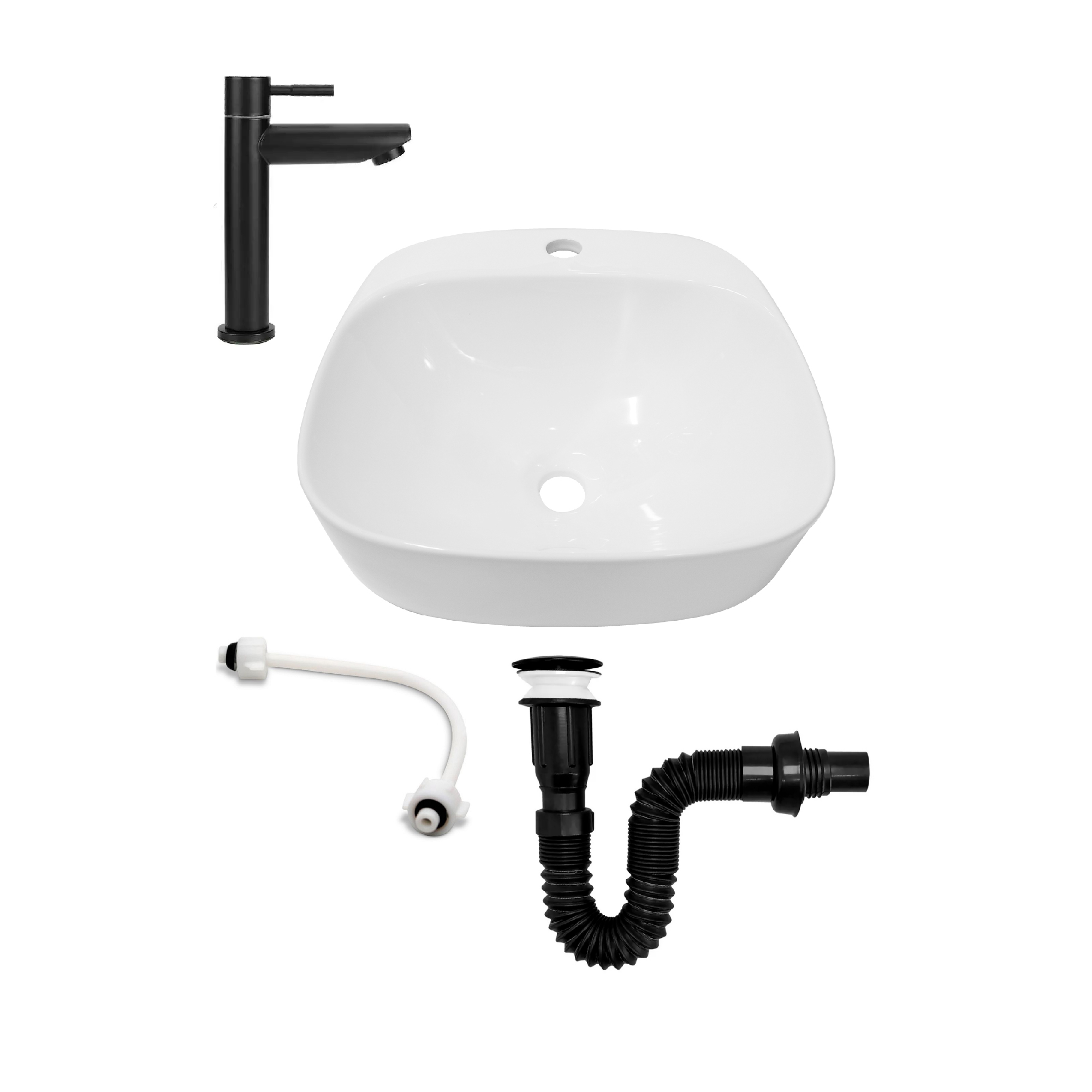 Combo Lavamanos Sobreponer + Griferia Agua Fría Negra C1184