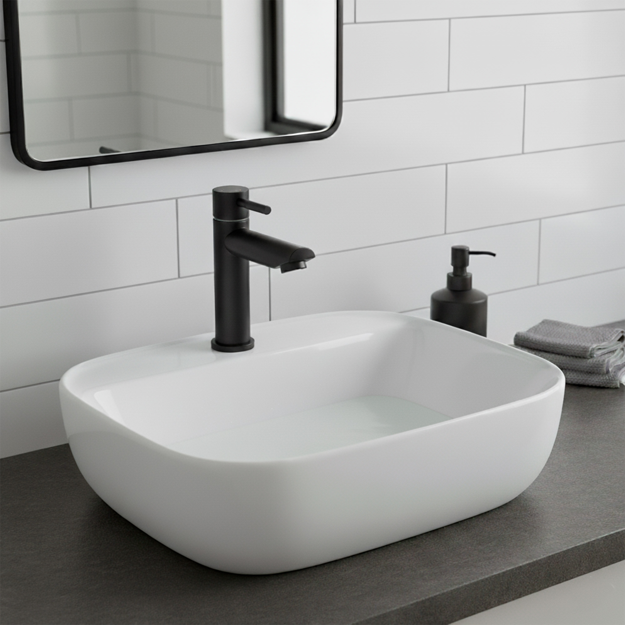 Combo Lavamanos Sobreponer + Griferia Agua Fría Negra C1184