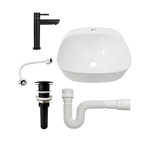 Combo Lavamanos Sobreponer + Griferia Agua Fría Negra C1185