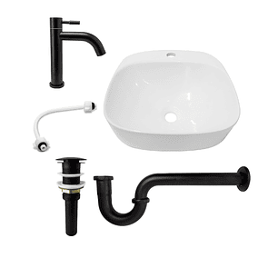 Combo Lavamanos Sobreponer + Griferia Agua Fría Negra C1186