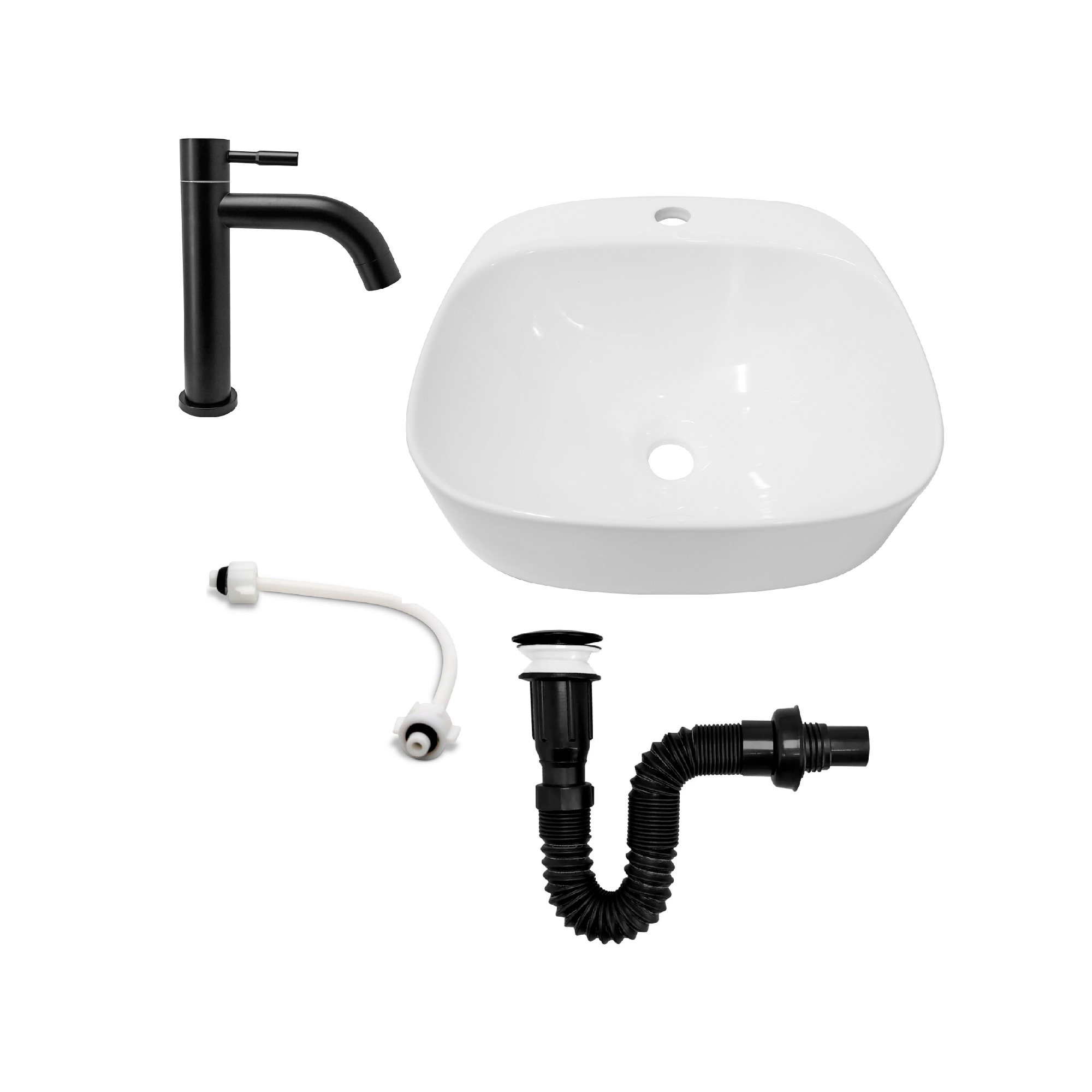 Combo Lavamanos Sobreponer + Griferia Agua Fría Negra C1187