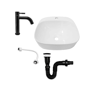 Combo Lavamanos Sobreponer + Griferia Agua Fría Negra C1187