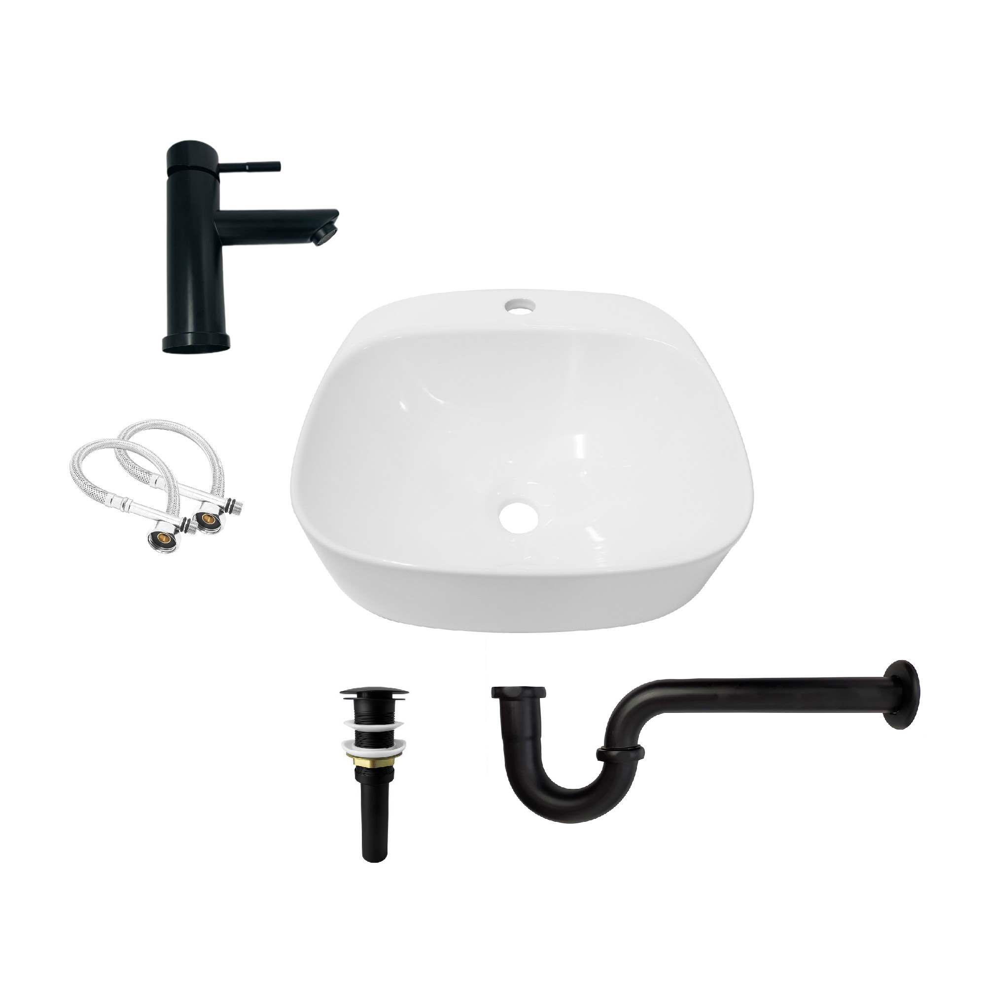 Combo Lavamanos Sobreponer + Griferia Mezclador Negro C1174 Blanco Brillante