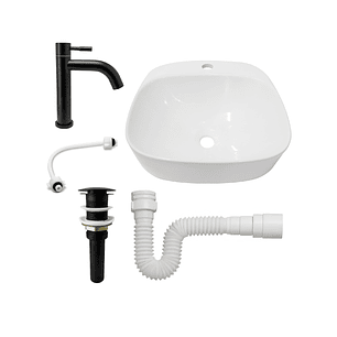 Combo Lavamanos Sobreponer + Griferia Agua Fría Negra C1188