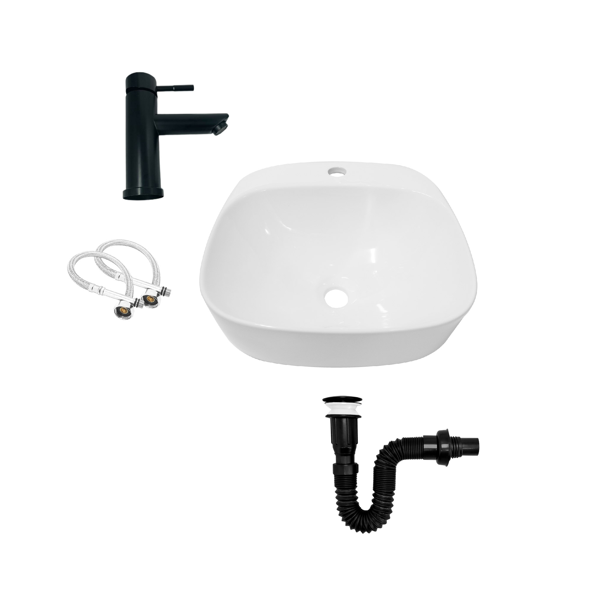 Combo Lavamanos Sobreponer + Griferia Mezclador Negro C1175 Blanco Brillante