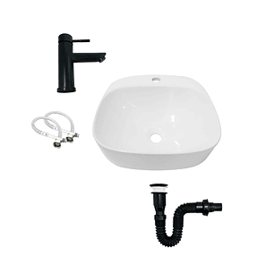 Combo Lavamanos Sobreponer + Griferia Mezclador Negro C1175 Blanco Brillante