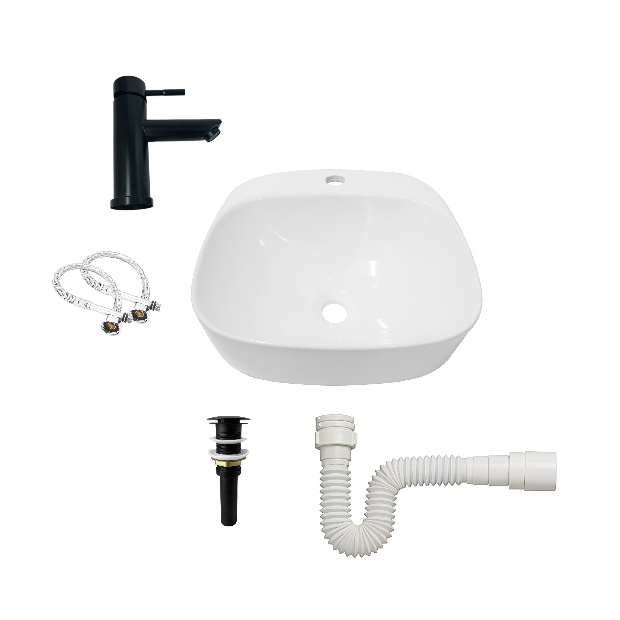 Combo Lavamanos Sobreponer + Griferia Mezclador Negro C1176 Blanco Brillante