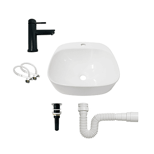 Combo Lavamanos Sobreponer + Griferia Mezclador Negro C1176 Blanco Brillante