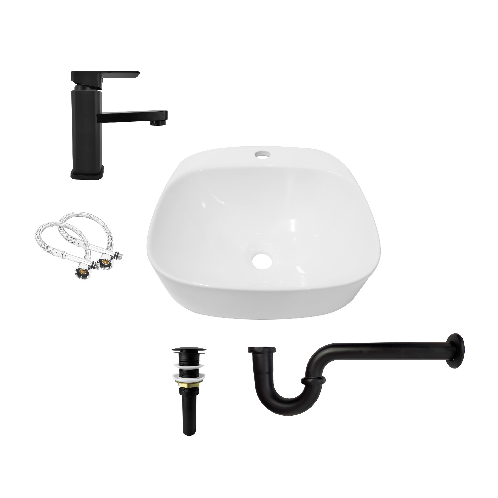 Combo Lavamanos Sobreponer + Griferia Mezclador Negro C1177 Blanco Brillante