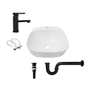 Combo Lavamanos Sobreponer + Griferia Mezclador Negro C1177 Blanco Brillante