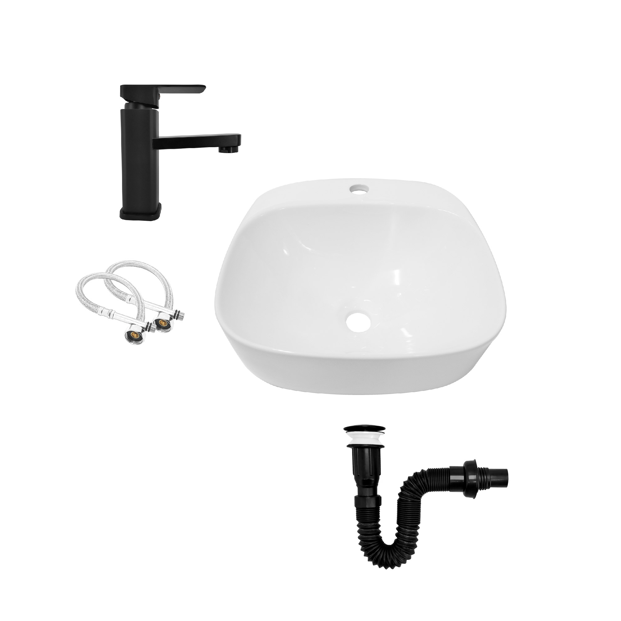 Combo Lavamanos Sobreponer + Griferia Mezclador Negro C1178 Blanco Brillante