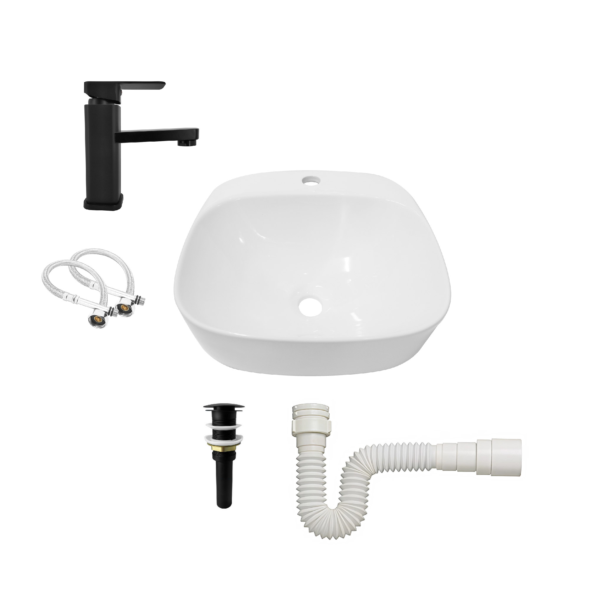 Combo Lavamanos Sobreponer + Griferia Mezclador Negro C1179 Blanco Brillante