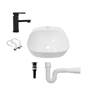 Combo Lavamanos Sobreponer + Griferia Mezclador Negro C1179 Blanco Brillante