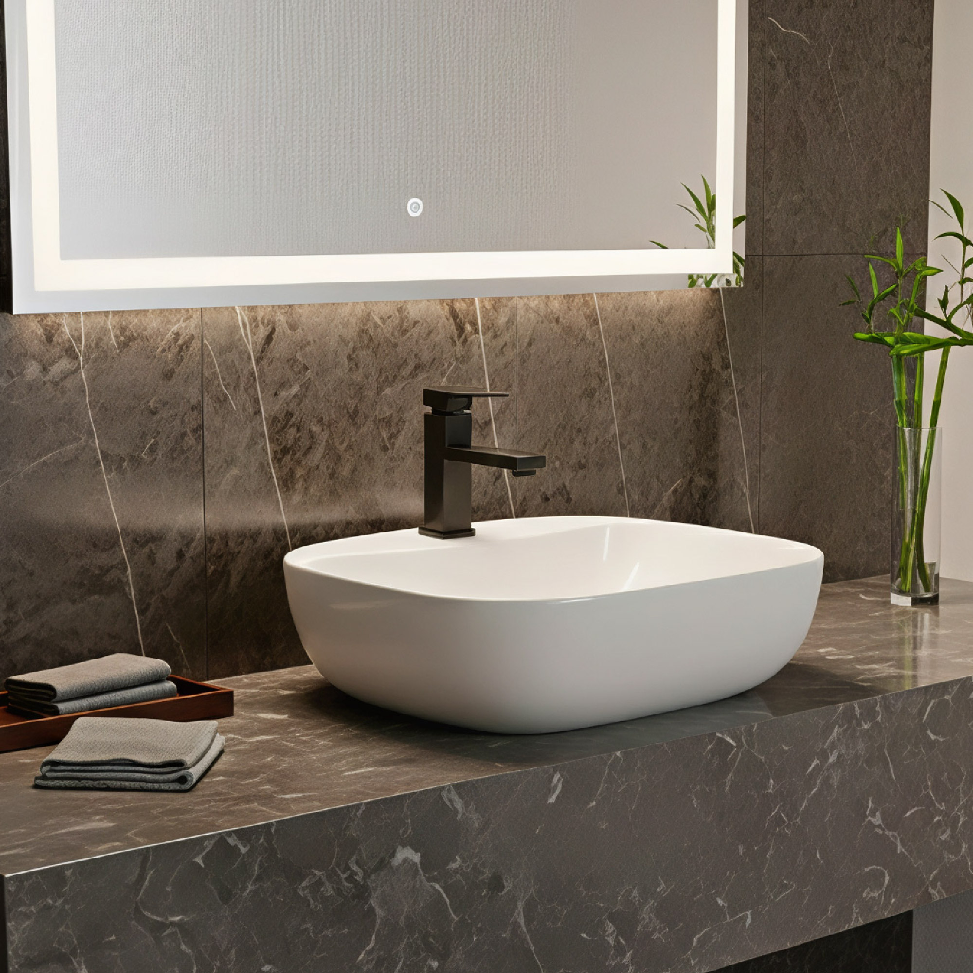 Combo Lavamanos Sobreponer + Griferia Mezclador Negro C1179 Blanco Brillante